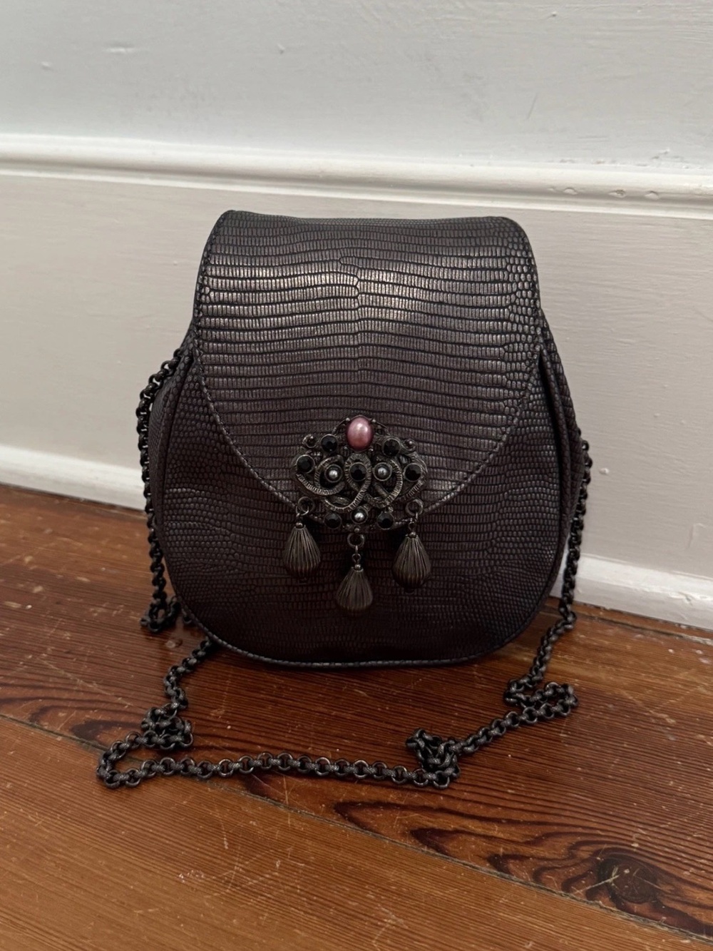 Vintage Mary Norton Evening Bag Gray faux lizzard Chain Crossbody Italy